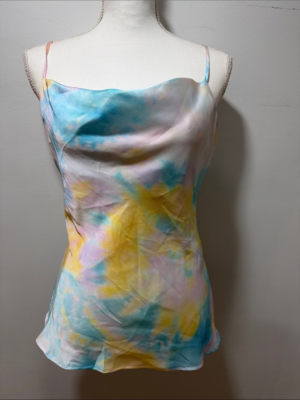 Zara Tie-Dye Satin Cowl Neck Tank Top Pastel Blouse Retro Festival Colorful Sz S